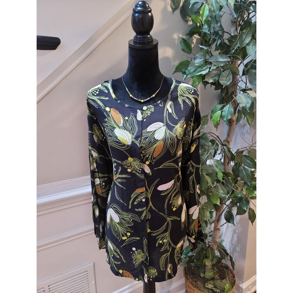Masai Goldas Copenhagen Tunic Top XL Black Floral Sheen Long Sleeve Button-Up